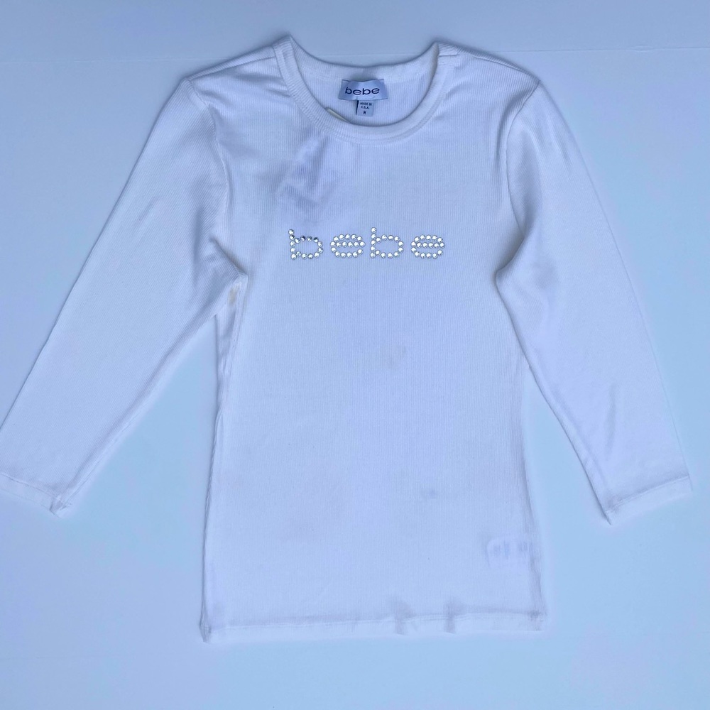 Bebe White Ribbed 3/4 Sleeve Craw-Neck Medium Top (NWT)